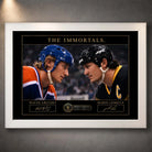 White framed Wayne Gretzky and Mario Lemieux hockey wall art featuring The Immortals faceoff design.