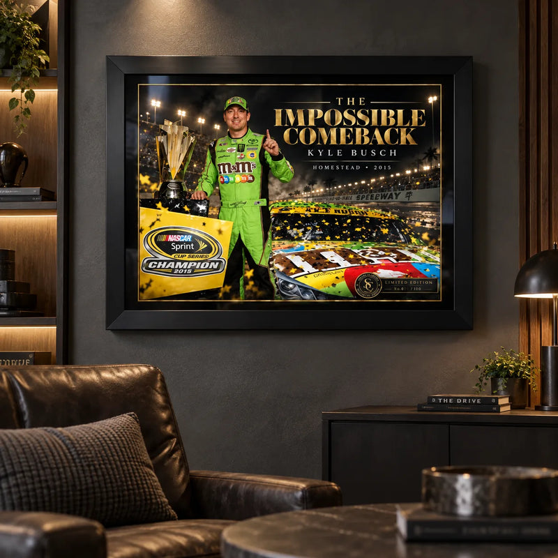 Kyle Busch NASCAR wall art displayed in a dark motorsport man cave with black frame and warm ambient lighting.