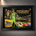Black framed Kyle Busch NASCAR wall art featuring The Impossible Comeback collector design with championship celebration scene.