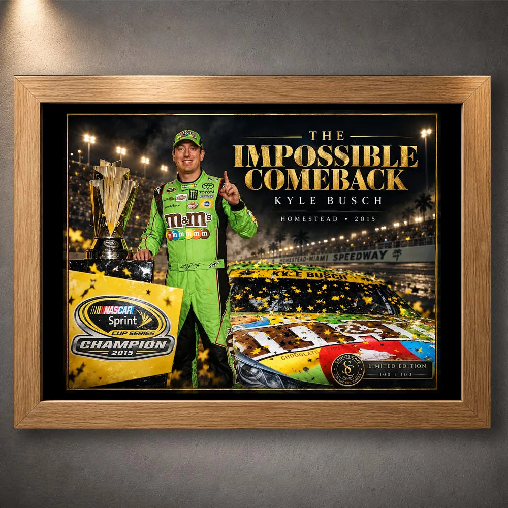 Oak framed Kyle Busch NASCAR wall art featuring The Impossible Comeback collector design and championship scene.