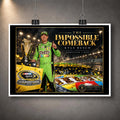 Unframed Kyle Busch NASCAR wall art featuring The Impossible Comeback collector design against a dark display wall.