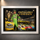 White framed Kyle Busch NASCAR wall art featuring The Impossible Comeback collector design and championship scene.