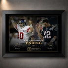 Black framed The Impossible Ending NFL wall art featuring Eli Manning and Tom Brady in a Super Bowl XLII collector design.