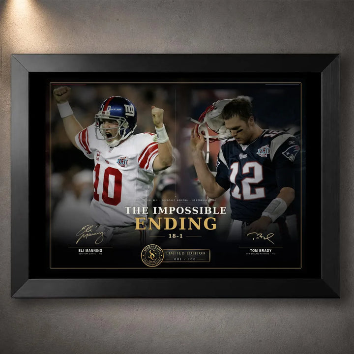 Black framed The Impossible Ending NFL wall art featuring Eli Manning and Tom Brady in a Super Bowl XLII collector design.