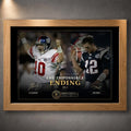 Oak framed The Impossible Ending NFL wall art featuring Eli Manning and Tom Brady in the Super Bowl XLII design.
