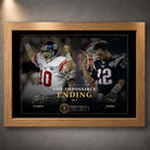 Oak framed The Impossible Ending NFL wall art featuring Eli Manning and Tom Brady in the Super Bowl XLII design.
