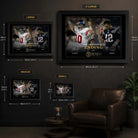 The Impossible Ending NFL wall art size guide showing Small, Medium, Large and XL framed display dimensions.