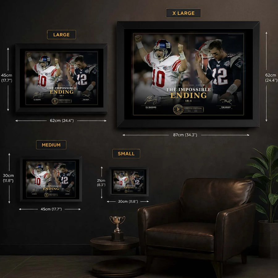 The Impossible Ending NFL wall art size guide showing Small, Medium, Large and XL framed display dimensions.