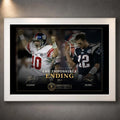 White framed The Impossible Ending NFL wall art featuring Eli Manning and Tom Brady in the Super Bowl XLII design.