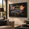 Black framed Dale Earnhardt Sr. and Jeff Gordon motorsport wall art displayed in a warm modern living room.