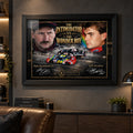 Dale Earnhardt Sr. and Jeff Gordon wall art displayed in a dark motorsport man cave with a black frame.