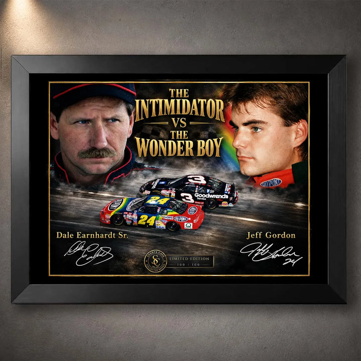 Black framed Dale Earnhardt Sr. and Jeff Gordon NASCAR wall art featuring The Intimidator vs The Wonder Boy design.