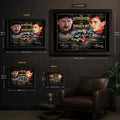 Dale Earnhardt Sr. and Jeff Gordon wall art size guide showing the available framed dimensions from Small to XL.