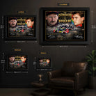 Dale Earnhardt Sr. and Jeff Gordon wall art size guide showing the available framed dimensions from Small to XL.