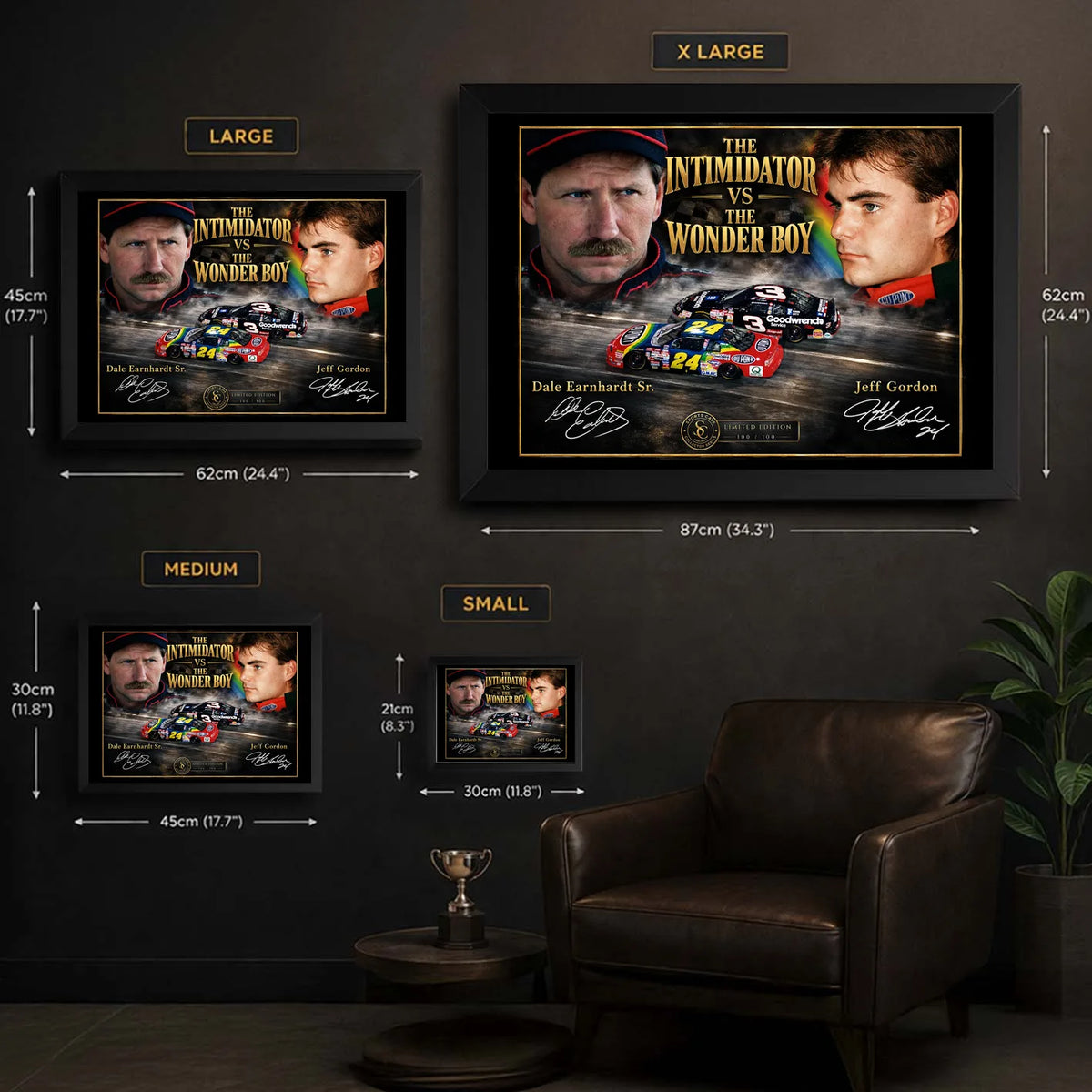 Dale Earnhardt Sr. and Jeff Gordon wall art size guide showing the available framed dimensions from Small to XL.