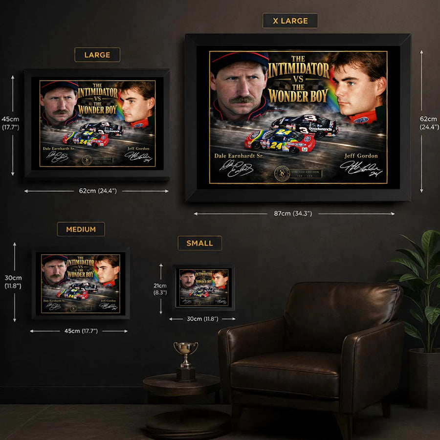 Dale Earnhardt Sr. and Jeff Gordon wall art size guide showing the available framed dimensions from Small to XL.