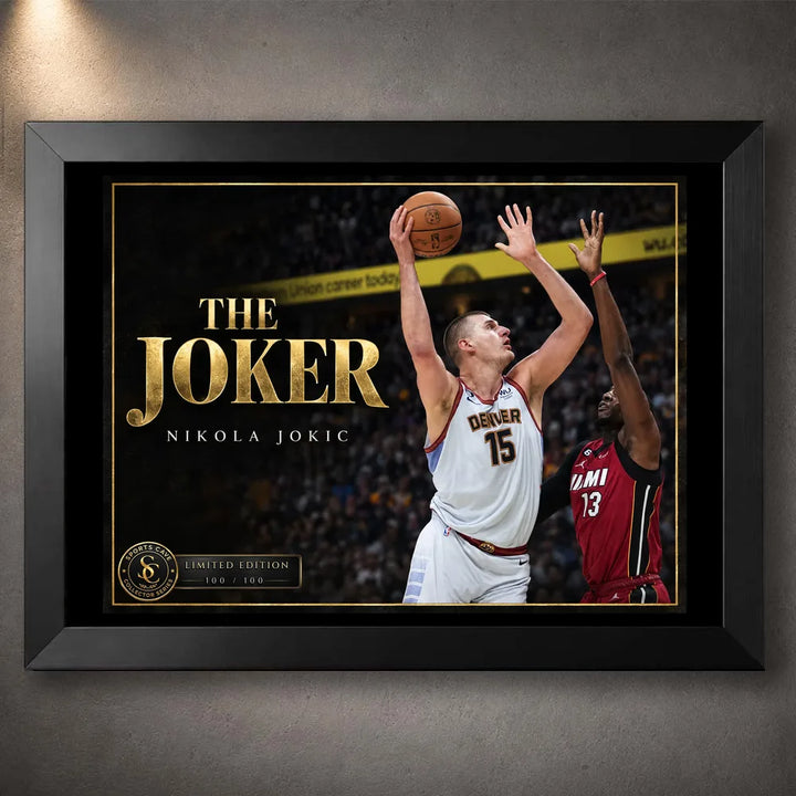Black framed The Joker Nikola Jokic basketball wall art featuring a one-handed shot, styled for a collector display.
