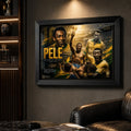 Pelé soccer wall art displayed in a dark luxury man cave with a black frame, leather seating and focused wall lighting.