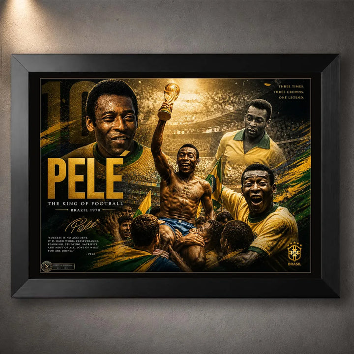 Black framed The King of Football Pelé soccer wall art featuring Brazil career moments in a premium black frame.