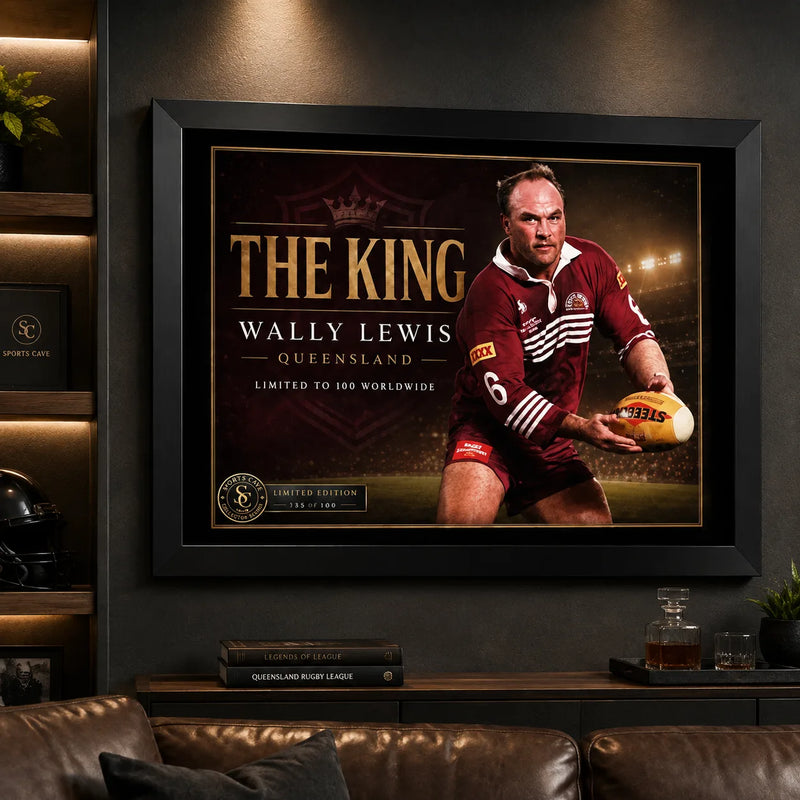 Wally Lewis wall art displayed in a dark man cave with timber shelving, leather seating and the black framed Queensland tribute.