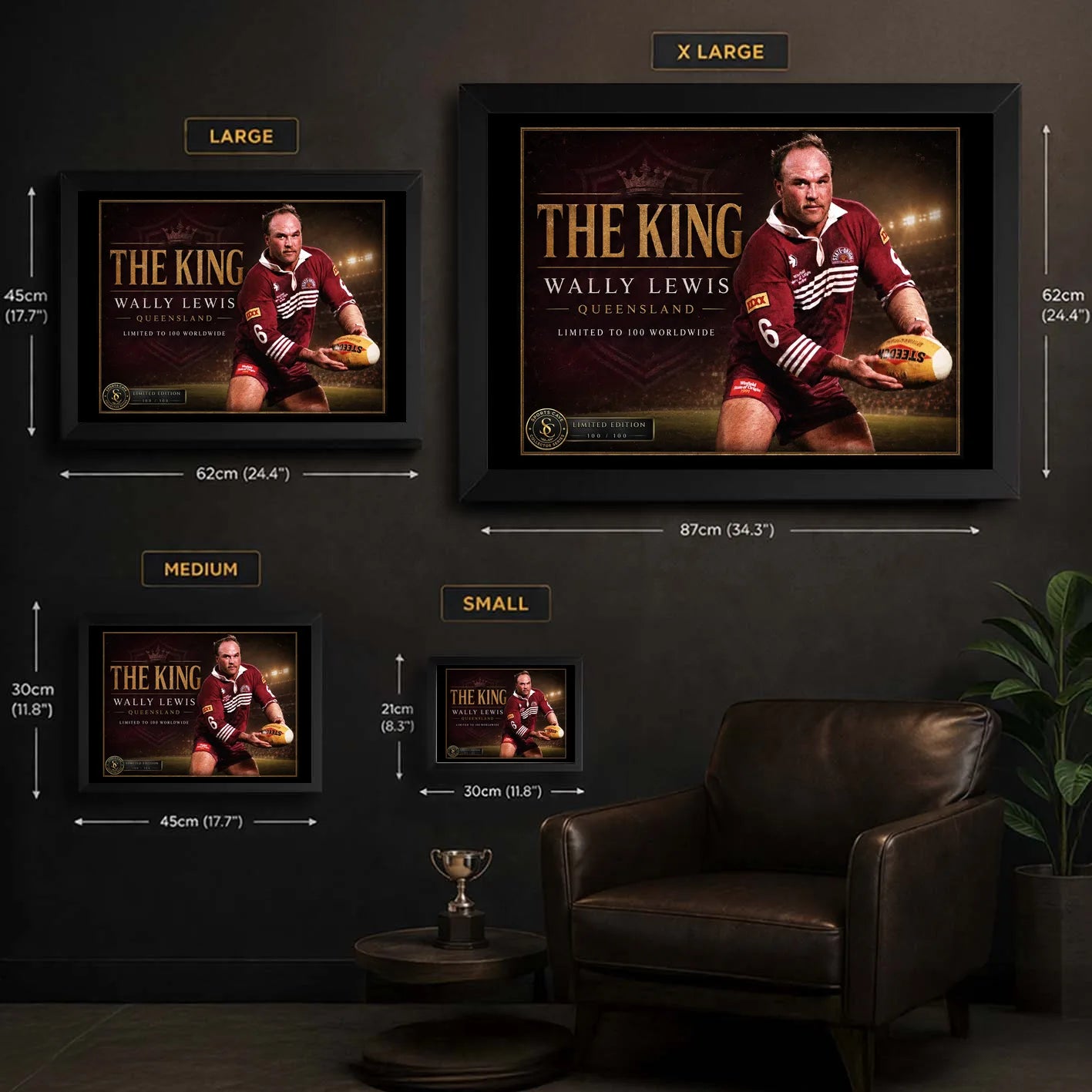Wally Lewis wall art size guide showing Small, Medium, Large and X Large framed dimensions in centimetres and inches.