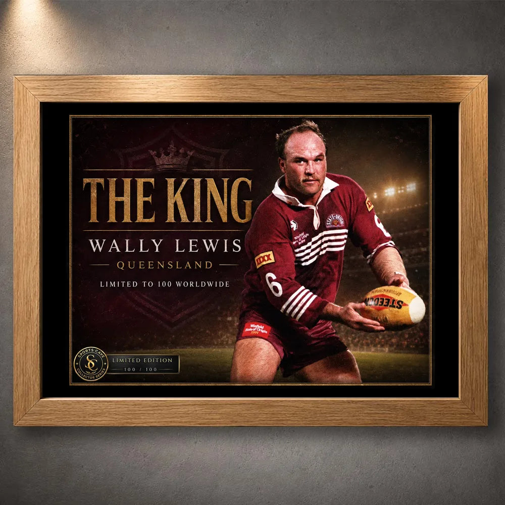 Oak framed Wally Lewis wall art featuring The King Queensland tribute artwork against a neutral wall.