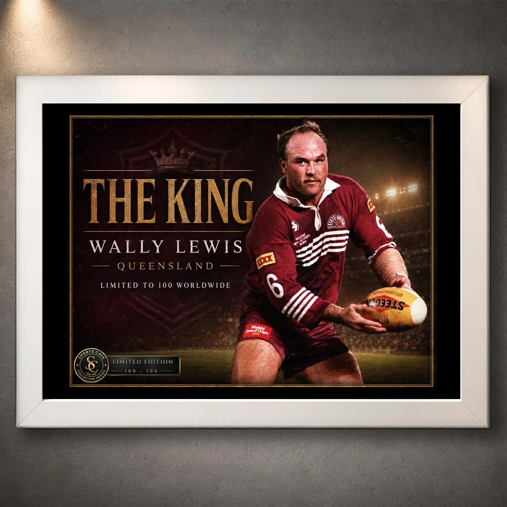 White framed Wally Lewis wall art featuring The King Queensland tribute artwork against a neutral wall.