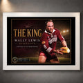 White framed Wally Lewis wall art featuring The King Queensland tribute artwork against a neutral wall.