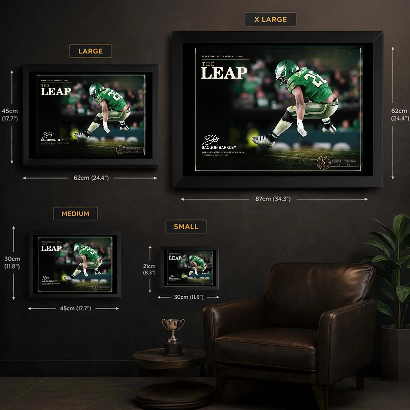The Leap wall art size guide showing Small, Medium, Large and X Large framed dimensions in centimetres and inches.