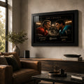 Joe Montana vs Dan Marino NFL wall art in a black frame above a leather sofa in a warm modern living room.