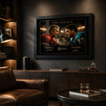 Black framed Montana vs Marino NFL wall art displayed in a dark man cave with wood shelving and leather seating.
