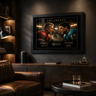 Black framed Montana vs Marino NFL wall art displayed in a dark man cave with wood shelving and leather seating.