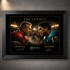 Black framed Joe Montana vs Dan Marino NFL wall art featuring The Legacy face-off artwork under stadium lights.