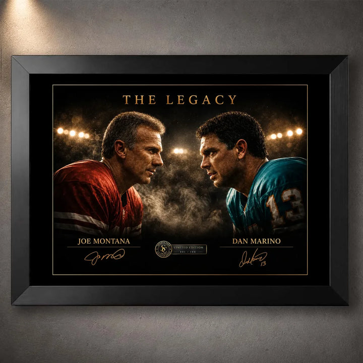 Black framed Joe Montana vs Dan Marino NFL wall art featuring The Legacy face-off artwork under stadium lights.