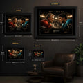 Montana vs Marino NFL wall art size guide showing small, medium, large and extra-large framed dimensions.