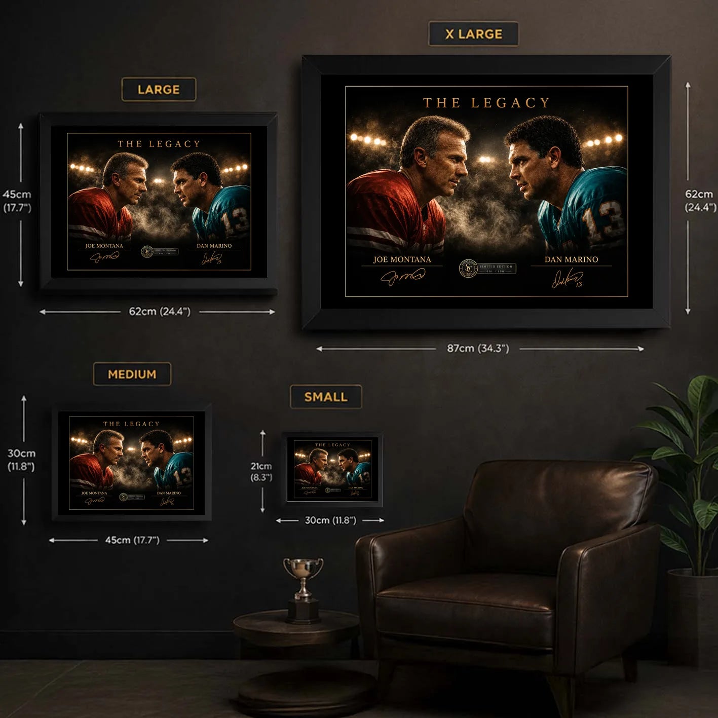 Montana vs Marino NFL wall art size guide showing small, medium, large and extra-large framed dimensions.