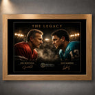 Oak framed Joe Montana vs Dan Marino NFL wall art featuring The Legacy quarterback face-off design.