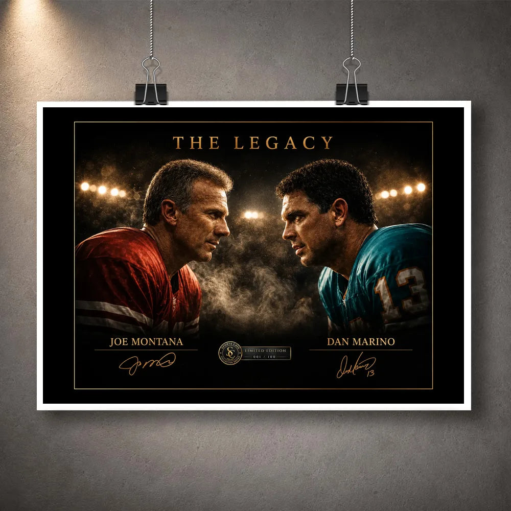 Unframed Joe Montana vs Dan Marino NFL wall art print featuring The Legacy face-off under stadium lights.