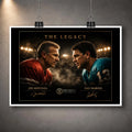 Unframed Joe Montana vs Dan Marino NFL wall art print featuring The Legacy face-off under stadium lights.