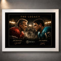 White framed Joe Montana vs Dan Marino NFL wall art featuring The Legacy quarterback face-off design.