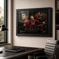Office mockup showing Cristiano Ronaldo football wall art in a black frame for a focused United fan workspace.
