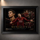 Black framed The Mentality Cristiano Ronaldo football wall art with dark Manchester United collector styling for fans.