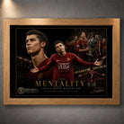Oak framed The Mentality Cristiano Ronaldo football wall art with warm timber frame and collector finish for fans.