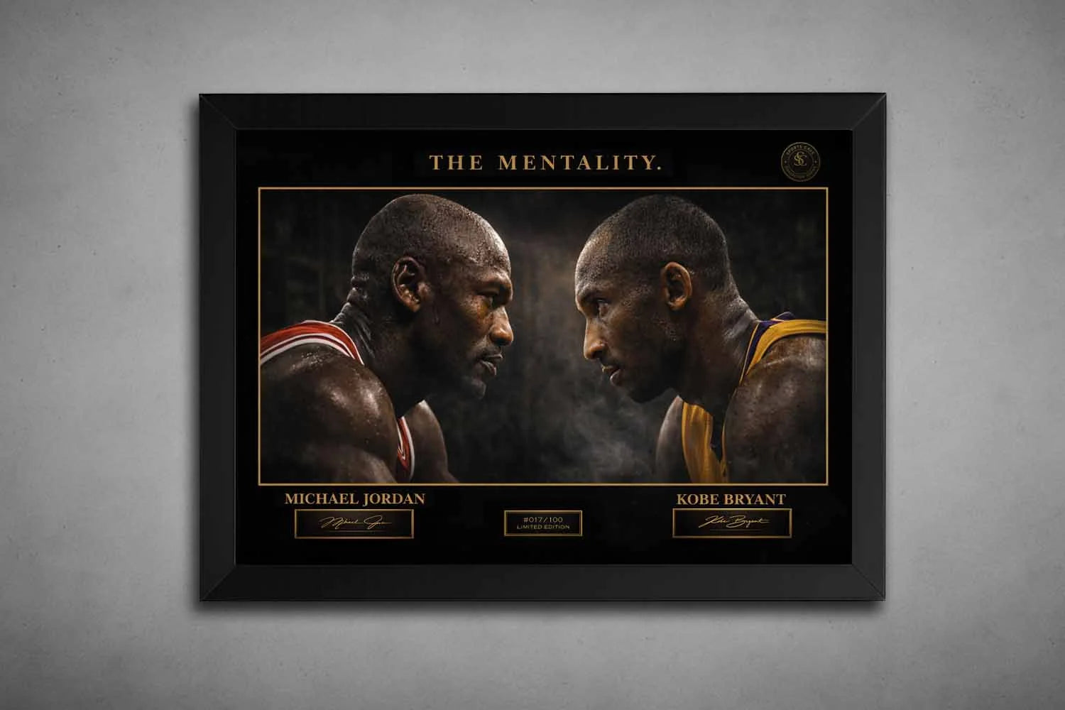 Michael Jordan vs Kobe Bryant black framed NBA sports wall art limited edition.