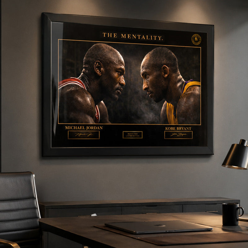 Michael Jordan and Kobe Bryant framed NBA wall art in a premium office setting with collector glass frame detail.
