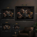 Michael Jordan vs Kobe Bryant NBA wall art size guide showing small, medium, large, and extra large framed poster dimensions for sports room decor.
