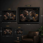 Michael Jordan vs Kobe Bryant NBA wall art size guide showing small, medium, large, and extra large framed poster dimensions for sports room decor.
