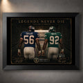 Black framed The Most Feared Taylor vs White NFL wall art featuring numbers 56 and 92 in a dark stadium tribute.