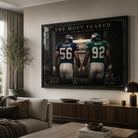 The Most Feared Taylor vs White NFL wall art displayed in a warm modern living room above a timber media console.