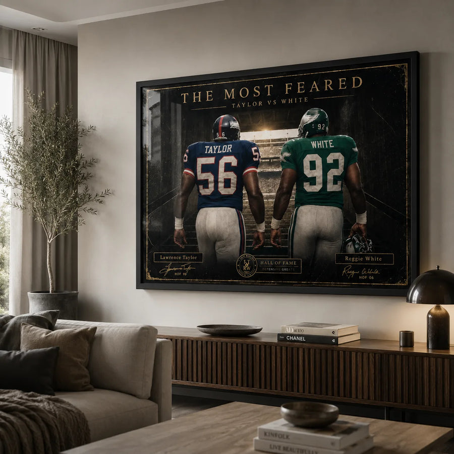 The Most Feared Taylor vs White NFL wall art displayed in a warm modern living room above a timber media console.